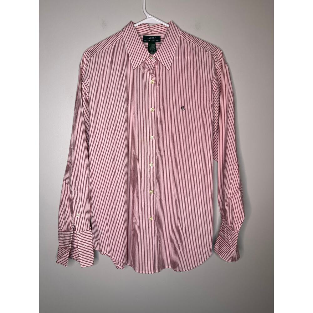 2000s Lauren Ralph Lauren Pink Red Pinstripe Old Money Cuff Links Shirt XL 14